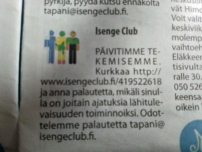 TULE MUKAAN TEKEMÄÄN HYVÄÄ! Liity mukaan klubiimme. Tutustu tekemisiimme ja ota yhteyttä tapani@isengeclub.fi. JOIN OUR CLUB AND MAKE A CHANGE IN THE WORLD. For more information ask tapani@isengeclub.fi.