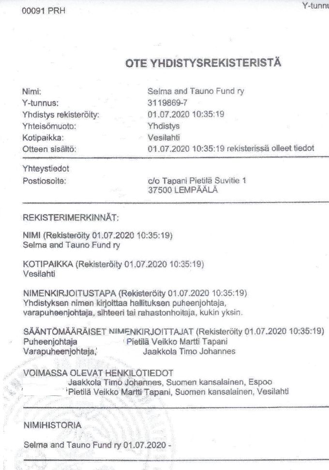 Ote yhdistysrekisteristä